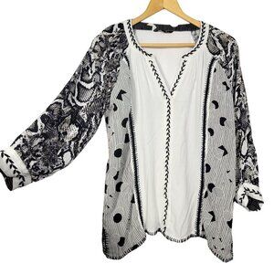 John Mark Women's Embroidered Black & White Crinkle Textured Blouse Size S